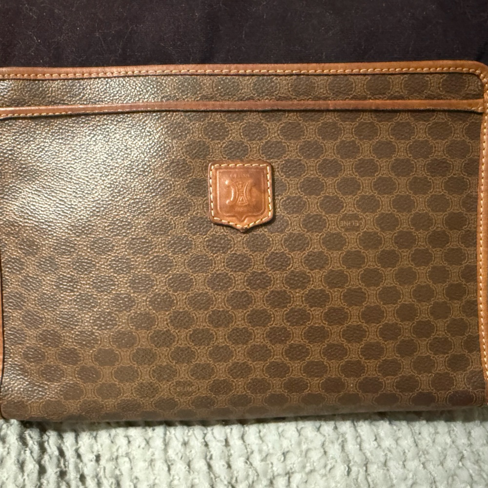 Celine Brown Beige Clutch with Leather Trim and Monogram Pattern Like New